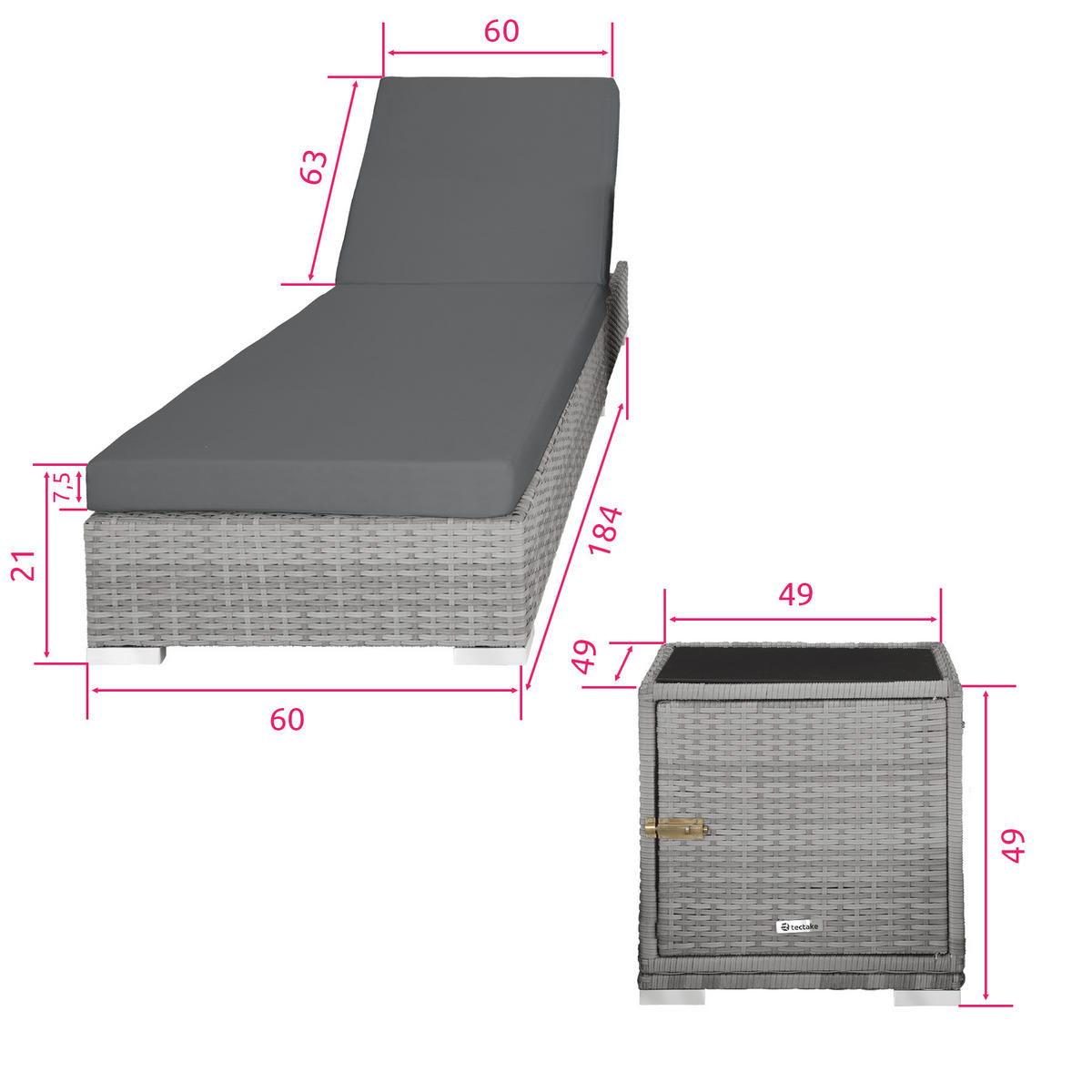 RATTAN-SONNENLIEGEN 2er Set ,wetterfest und UV-beständig,hellgrau - Hellgrau, Kunststoff (60/21/184cm) - tectake