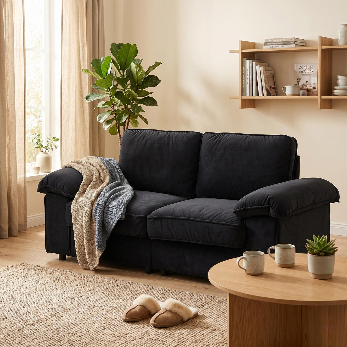 2-SITZER SOFA Samt Schwarz mit Stauraum - Schwarz, Holzwerkstoff/Kunststoff (201/89/91cm) - WISHDOR