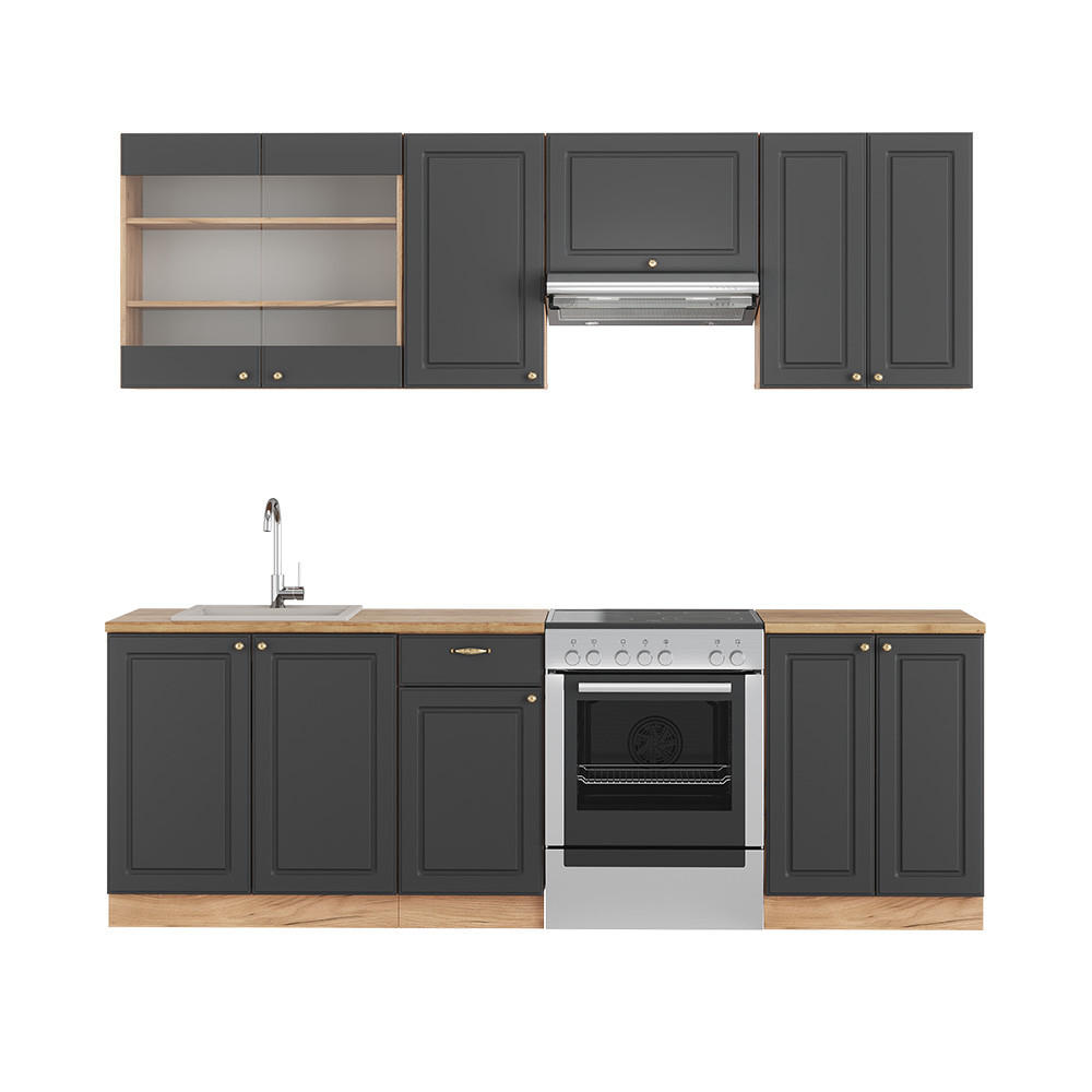 KÜCHENZEILE Fame-Line Anthrazit Landhaus/Goldkraft Eiche 240 cm ohne AP - Dunkelgrau/Eiche Wotan, Holzwerkstoff (240/81.6/46cm) - Vicco