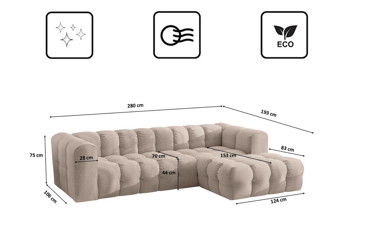ECKSOFA L-form BALOO L, Chenille-Stoff Moly, Beige, Rechts - Beige, Holz (280/193cm) - Kaiser Möbel