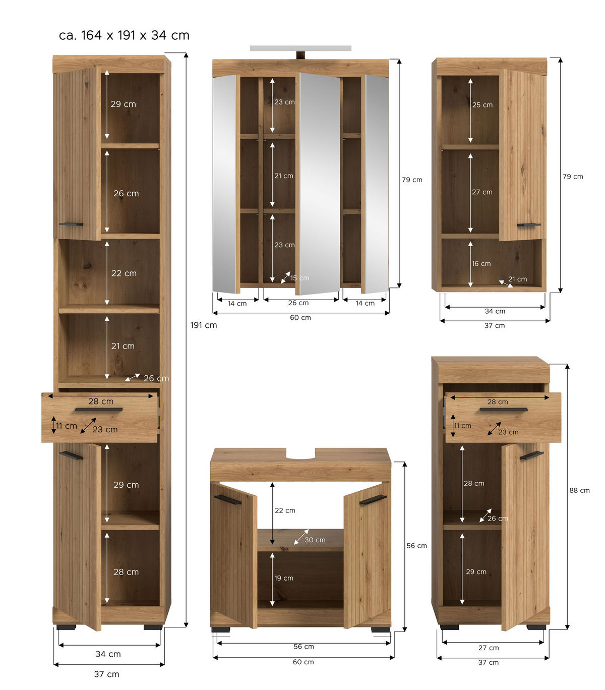 BAD-SET SCOUT 6-tlg. (B/H/T: ca. 164/191/34 cm) in Artisan Eiche Nachbildung/Artisan Eiche Nachbildung - Eiche Artisan, Holz (164/191/34cm) - Homes & Jones