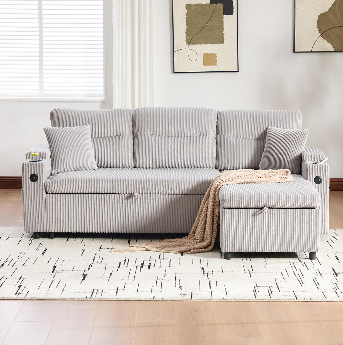 SOFA 212,5/136/86 cm in Hellgrau mit Stauraum, USB- und Type-C-Anschlüssen - Hellgrau, Textil (136/86/212.5cm) - Flora Grace