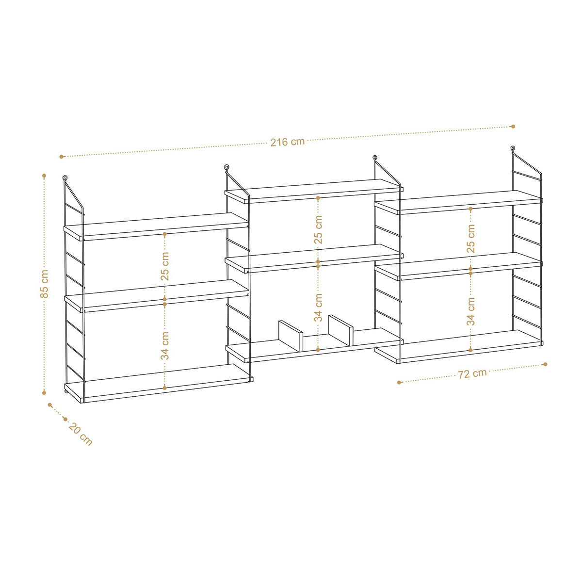 WANDREGAL mit 9 Eichenholzdekorationen laba 20/85/216 cm - Eschefarben, Holzwerkstoff (216/85/12cm) - Calicosy