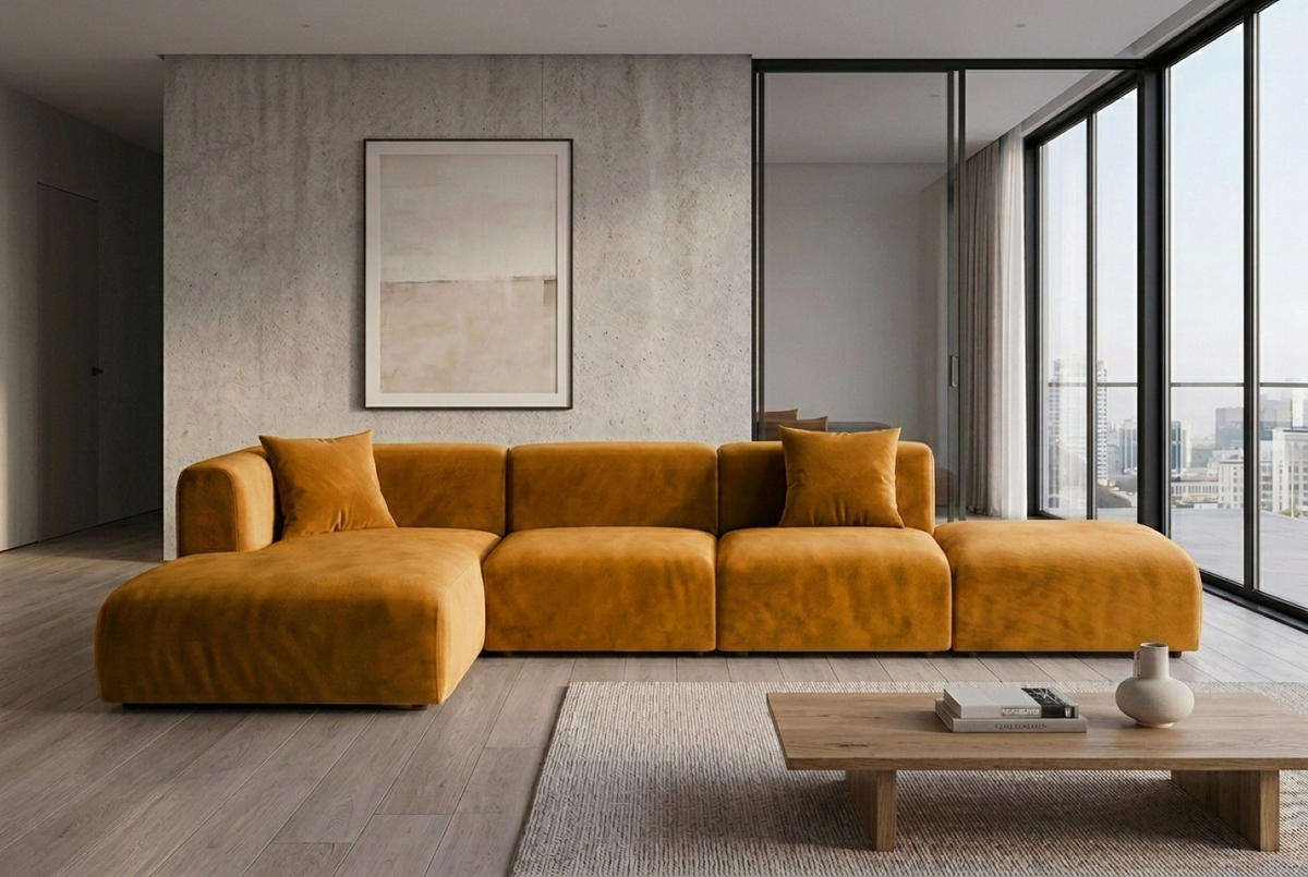 ECKSOFA L-Form Mit Hocker, Velvet-Stoff Bluvel, Golden, Links, GRETA - Goldfarben, Holz (386/179cm) - Kaiser Möbel