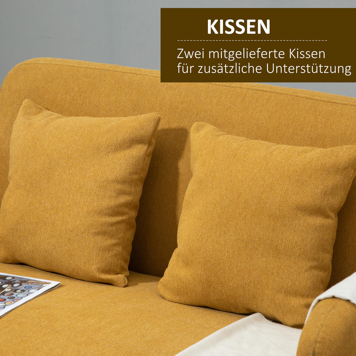 SOFA 2-Sitzer, Polyester Holz Natur+Gelb - Gelb/Naturfarben, Kunststoff (70/80/130cm) - HOMCOM