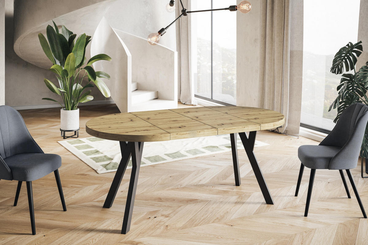 ESSZIMMERTISCH OVO, ausziehbarer Tisch 100 cm bis 200 cm, Farbe: ARTISAN, mit Holzbeinen in Farbe Schwarz - Hellbraun/Schwarz, Holzwerkstoff (100/100/77cm) - Alpi-Möbel
