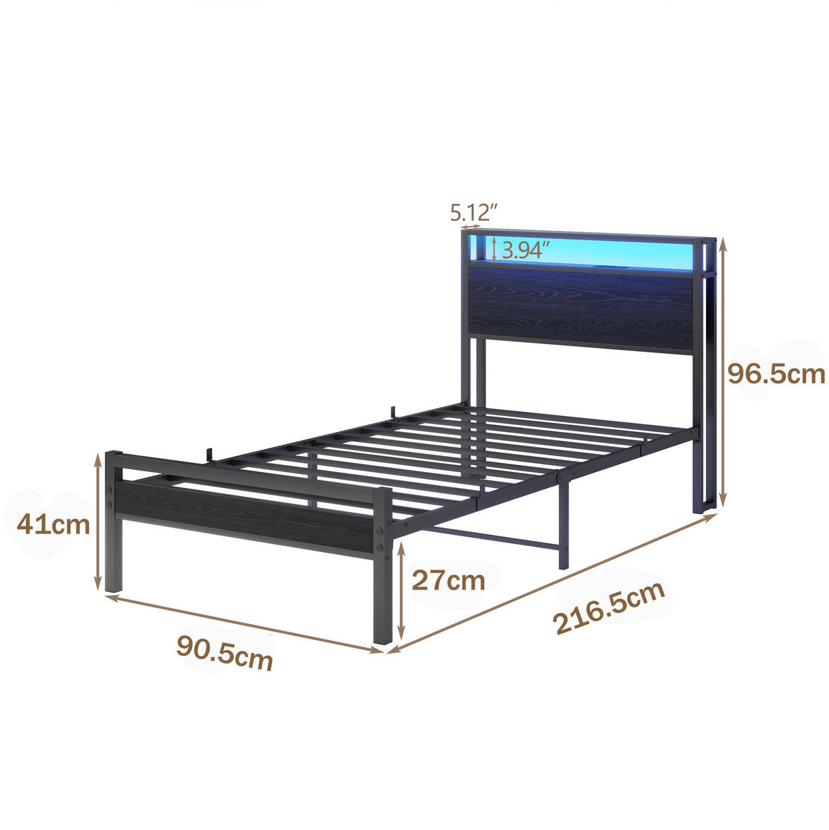 BETT 90/200 cm DE-33031 mit USB und LED-Beleuchtung Schwarz - Schwarz, Metall (90/200cm) - ComfortXL