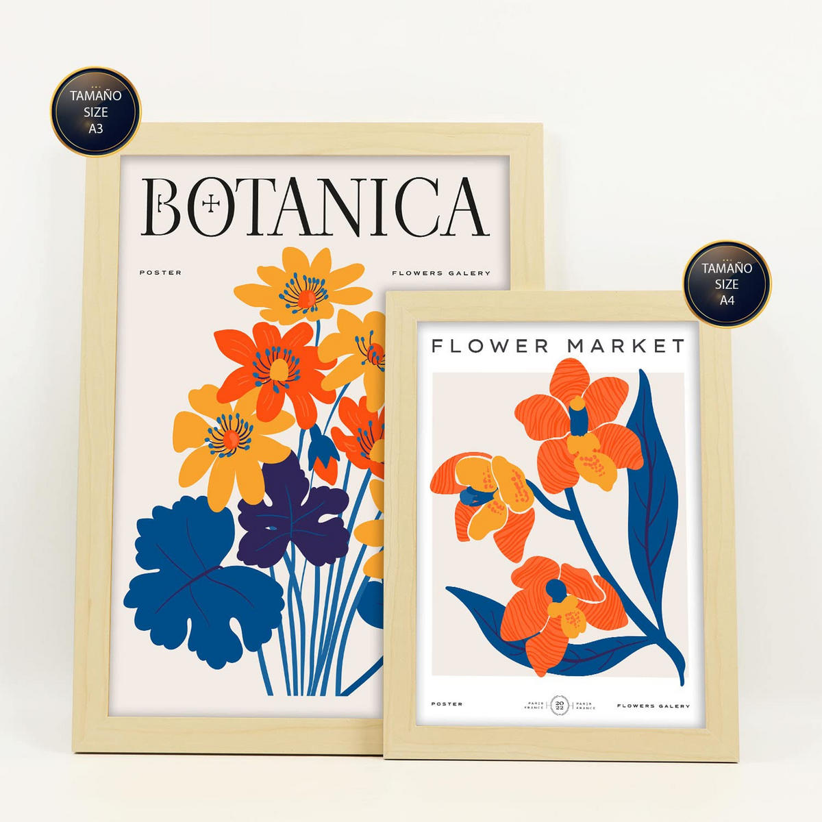 POSTER Set Mit 6 Blumen Leben In Orange Natur Und Botanikdrucke Für Innenarchitektur A3 & A4 Rahmen Aus Hellem Holz - Beige, Papier (29/3cm) - Nacnic