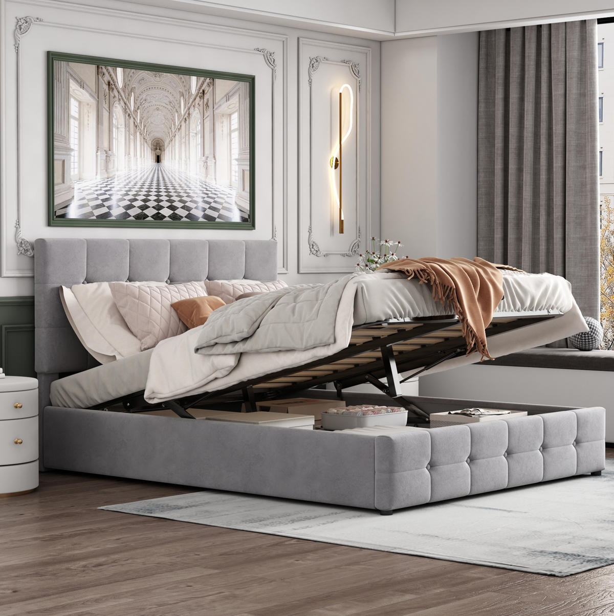 POLSTERBETT mit Stauraum 203 x 140 cm Samt Grau - Grau, Metall (140/200cm) - Meubliv