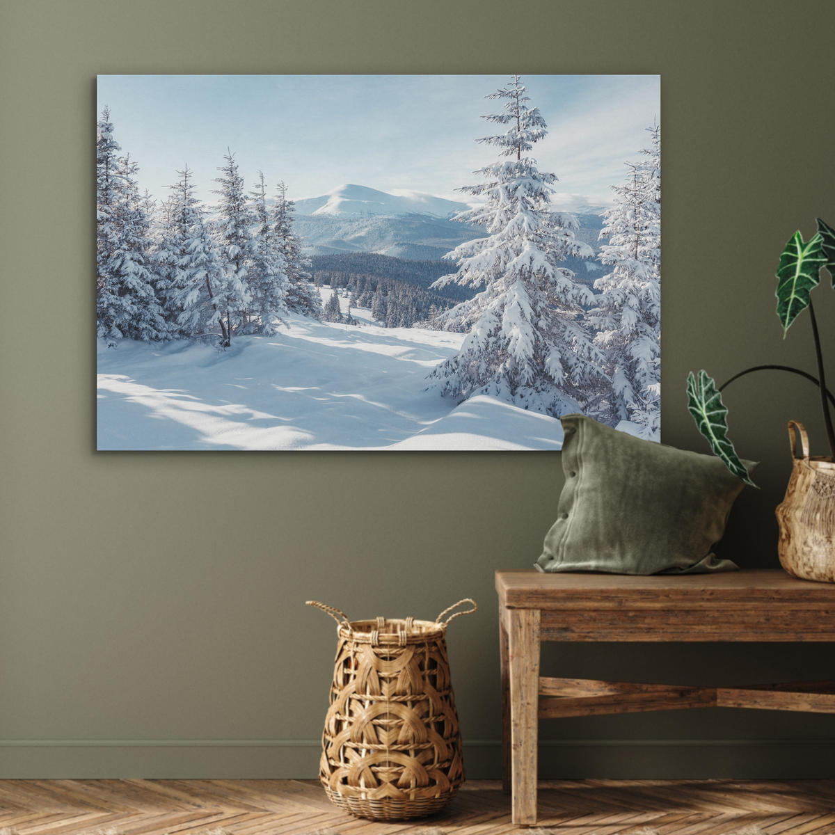 AKUSTIKPANEEL Winterlandschaft - Natur - Berge - Bäume - Schnee 100x70 cm - Hellblau, Textil (100/0.9/70cm) - MuchoWow