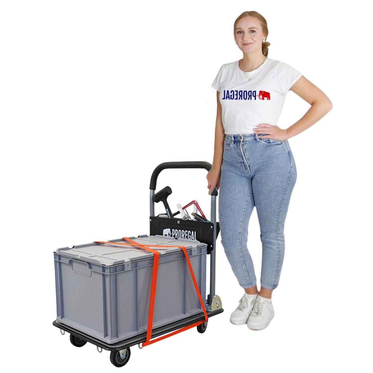 PLATTFORMWAGEN Transportwagen Rhino 150kg klappbar mit Gummiräder und Werkzeugtasche - Schwarz, Metall (73/47/83cm) - PROREGAL