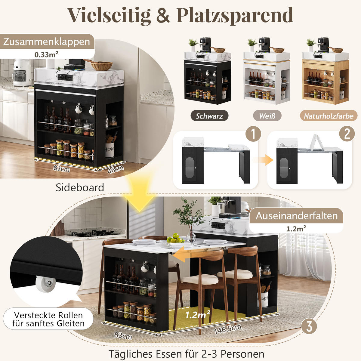 KÜCHENINSEL in Weiß und Schwarz Servierwagen mit Steckdosen und Haken für Esszimmer und Küche, B83/T46/H96 cm - Schwarz, Glas/Holzwerkstoff (83/96/46cm) - STILVORA