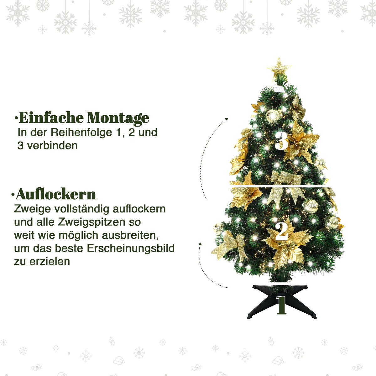 GLASFASER Weihnachtsbaum 120 cm mit 139 LEDs & Golddeko - Grün, Kunststoff (120cm) - Hometopia