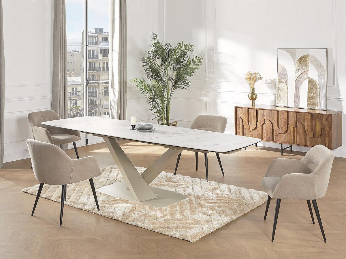 ESSTISCH ausziehbar - 6 bis 10 Personen - Sicherheitsglas, Keramik & Metall - Marmor-Optik Weiß & Beige - MALATA - Beige, Keramik (90/260/76cm) - Vente-Unique