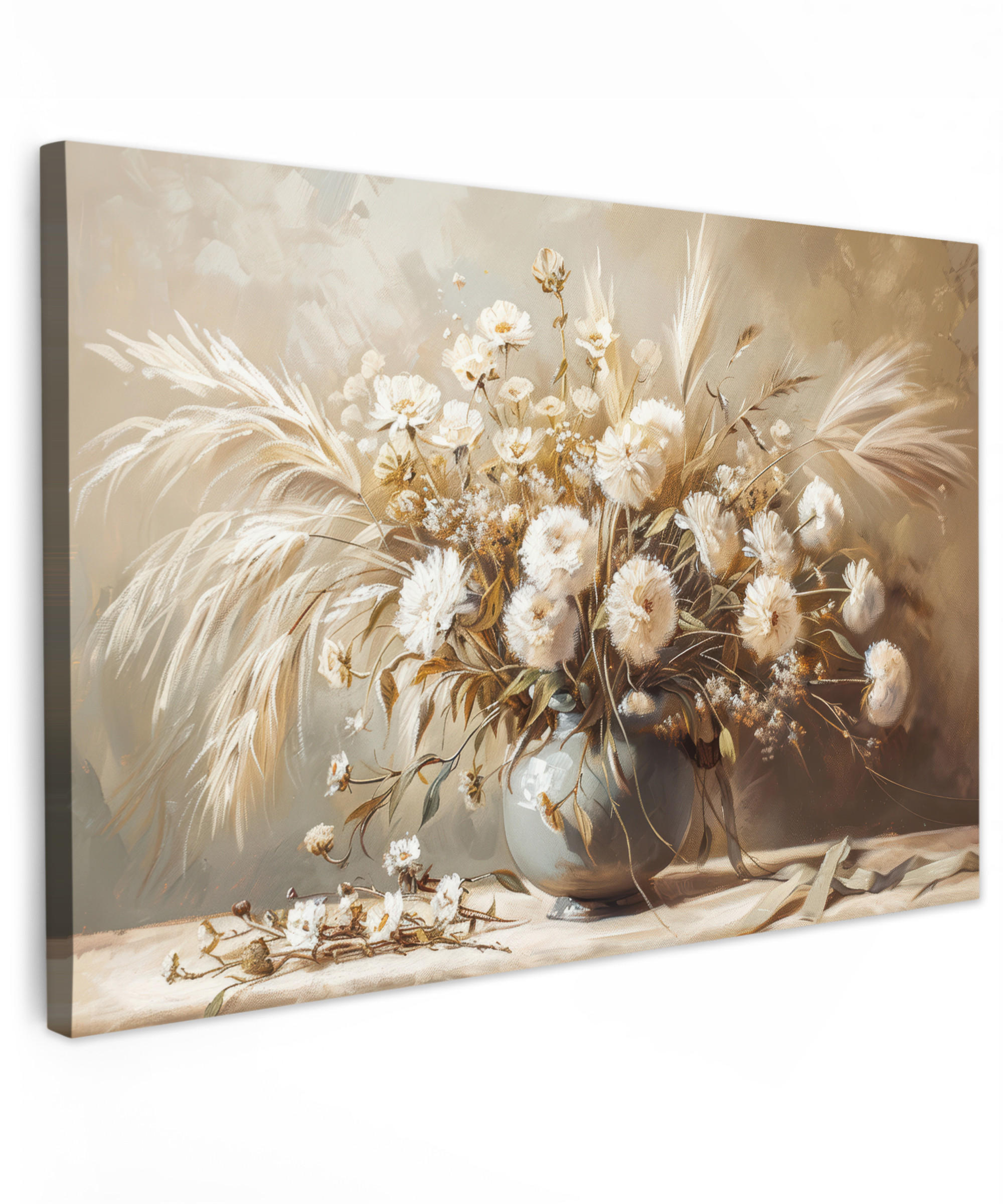 LEINWANDBILD Blumen - Vase - Stilleben - Beige XXL 150x100 cm - Creme, Textil (150/100cm) - MuchoWow