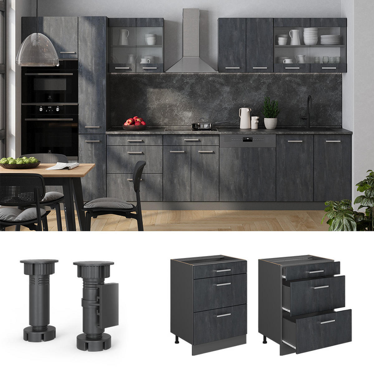 KÜCHENUNTERSCHRANK R-Line Schwarz Beton 60 cm AP Anthrazit - Anthrazit/Schwarz, Holzwerkstoff (60/81.6/60cm) - Vicco