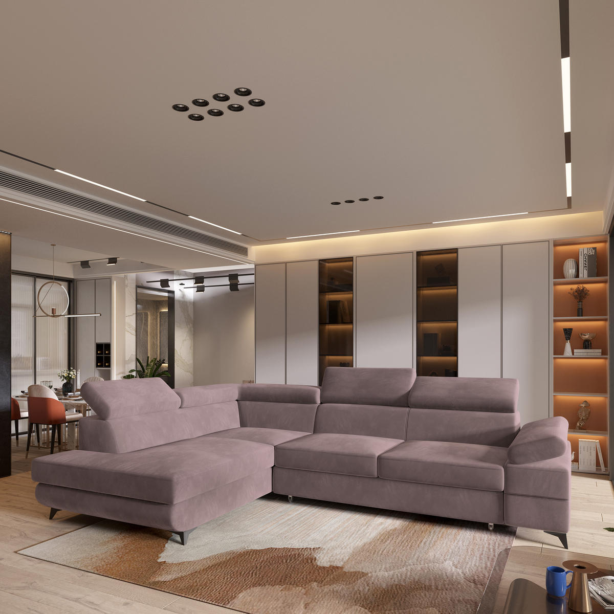 ECKSOFA FAVIEN L-S Lila Velours-Stoff mit Schlaffunktion - Lila, Holz (257/190cm) - MASSENO