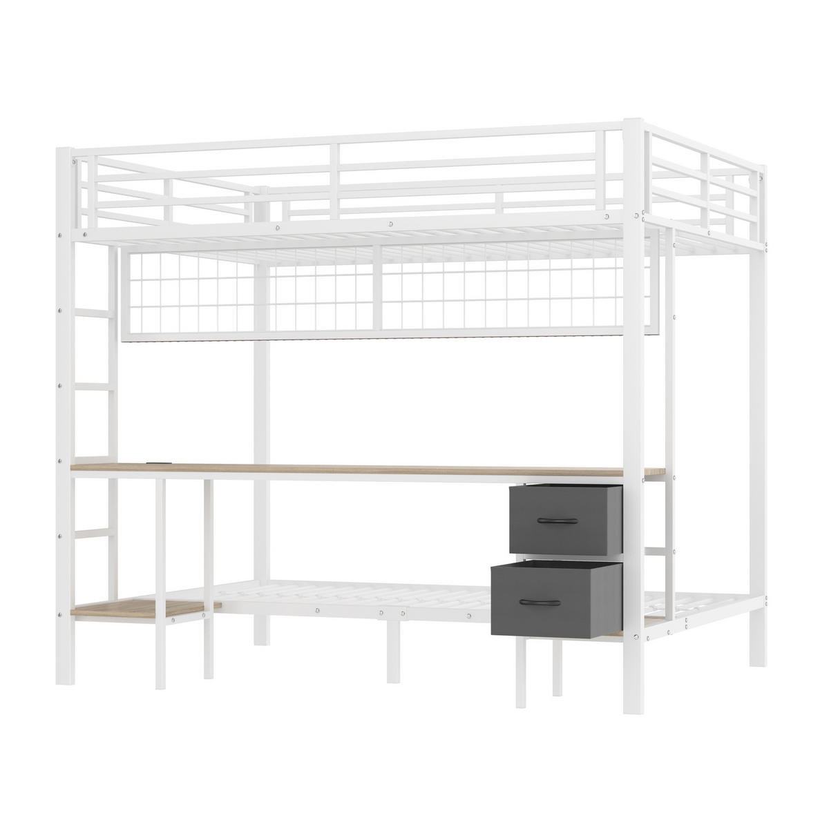 HOCHBETT aus Metall 140x200 cm Weiß mit Schreibtisch, Schubladen, Regalen, Hängegitter, LED-Leiste und USB-Anschluss - Weiß, Metall (90/200cm) - Modfu