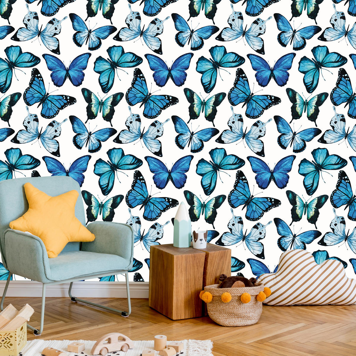 VLIESTAPETE Schmetterlinge im Boho-Stil – Blau, Weiß – 50x1000 cm - Blau/Weiß, Papier (50/1000cm) - Muralo