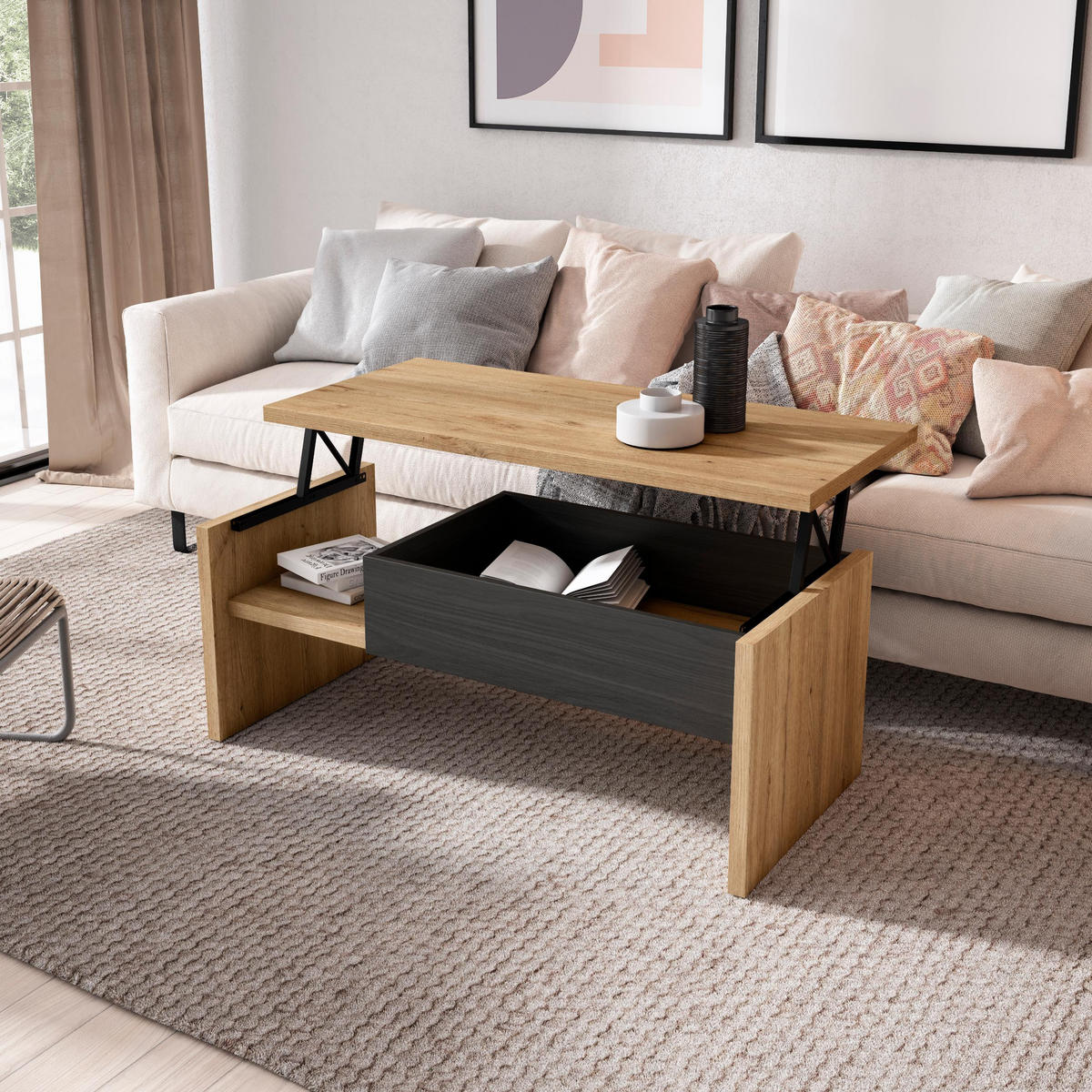 COUCHTISCH, Beistelltisch, eiche, schwarz, 110/50/45cm - Eichefarben, Holzwerkstoff (110/50/45cm) - Skraut Home
