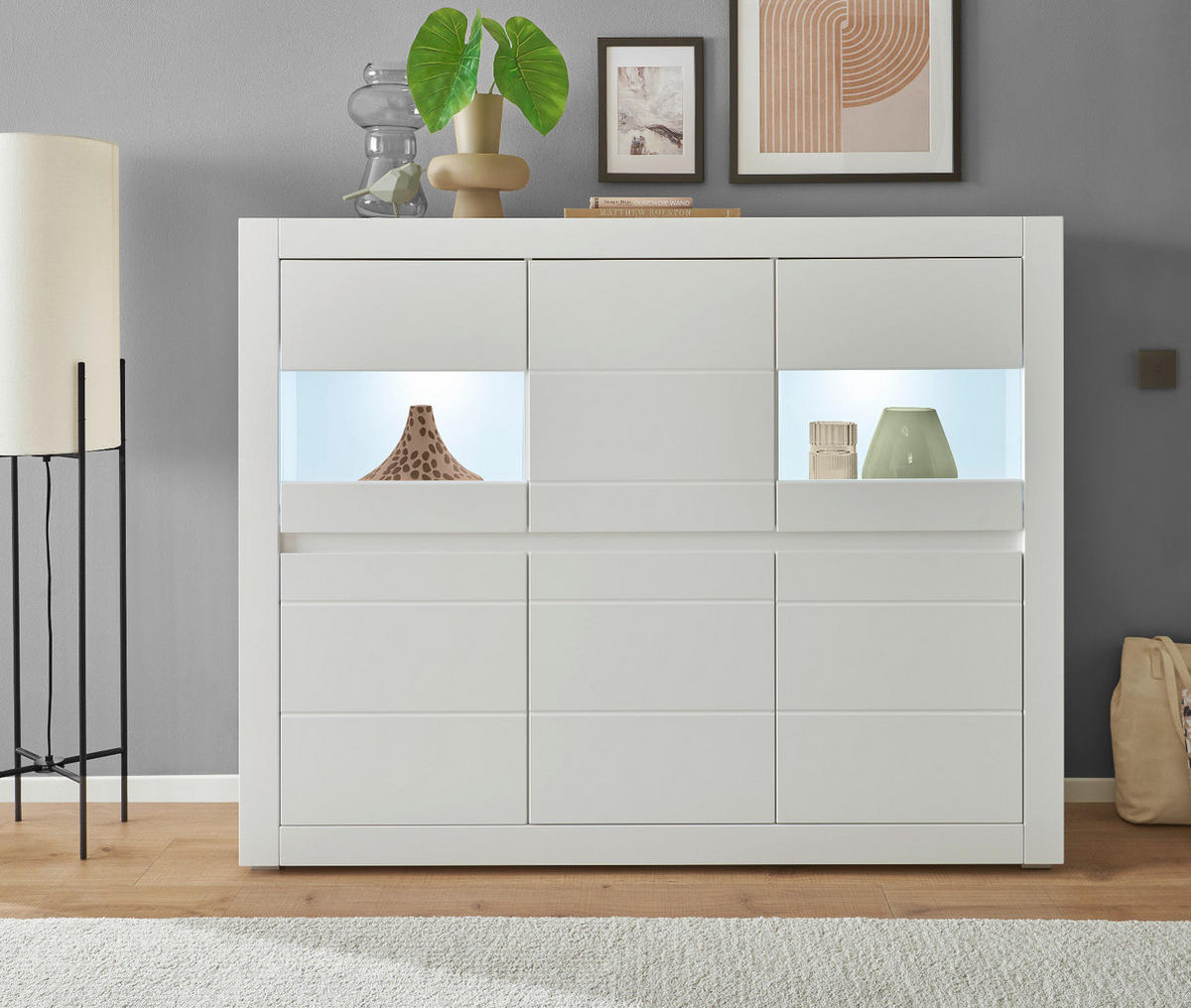 HIGHBOARD weiß matt, Evoke Eiche, Vitrine 165 x 132 cm, Soft-Close-Funktion - Eichefarben/Silberfarben, Holzwerkstoff/Kunststoff (165/132/42cm) - Furn.Design