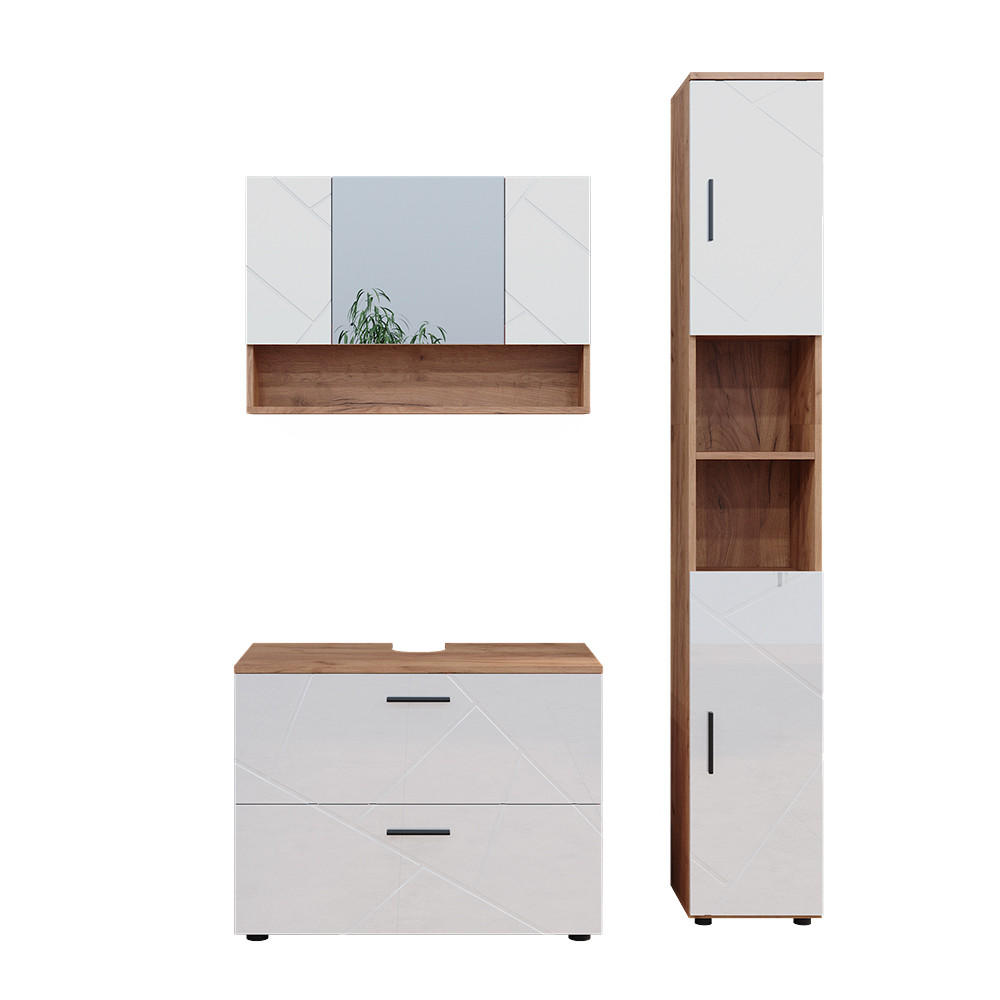 BADMÖBEL-SET Irma Weiß Hochglanz/Goldkraft Eiche 3 Teile Spiegelschrank 80 cm - Weiß Hochglanz/Eiche Wotan, Holzwerkstoff (80/58.6/41cm) - Vicco