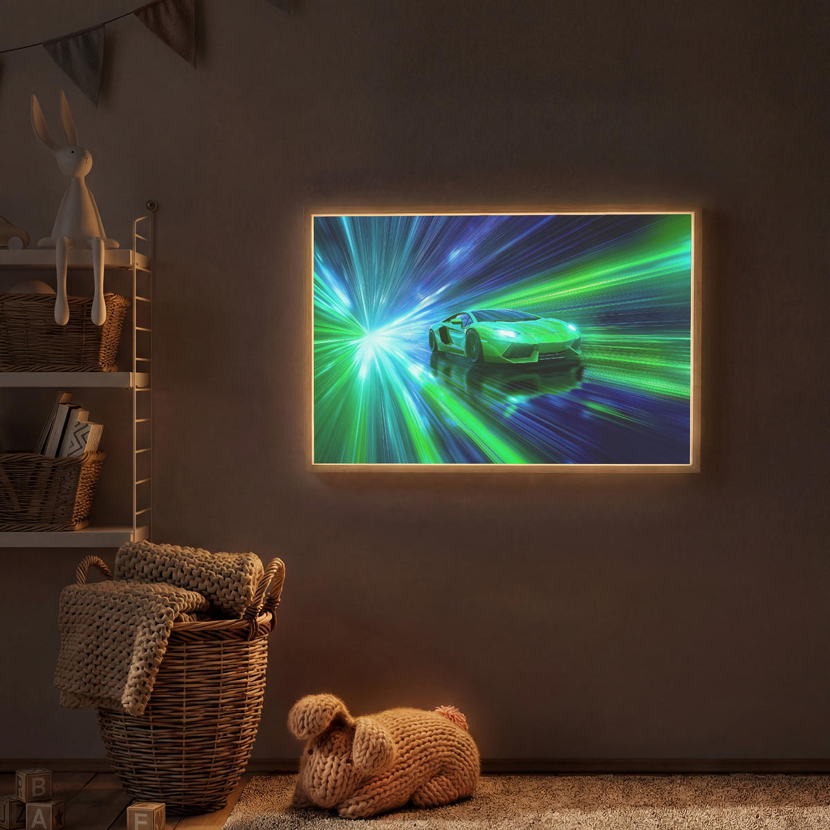 NÁSTĚNNÁ LAMPA S AKUMULÁTOREM Rychlost - Lehké - Sportovní vůz - Zelená 100x70 cm - zelená barva, kompozitní dřevo (100/70/8cm) - OnlyWow