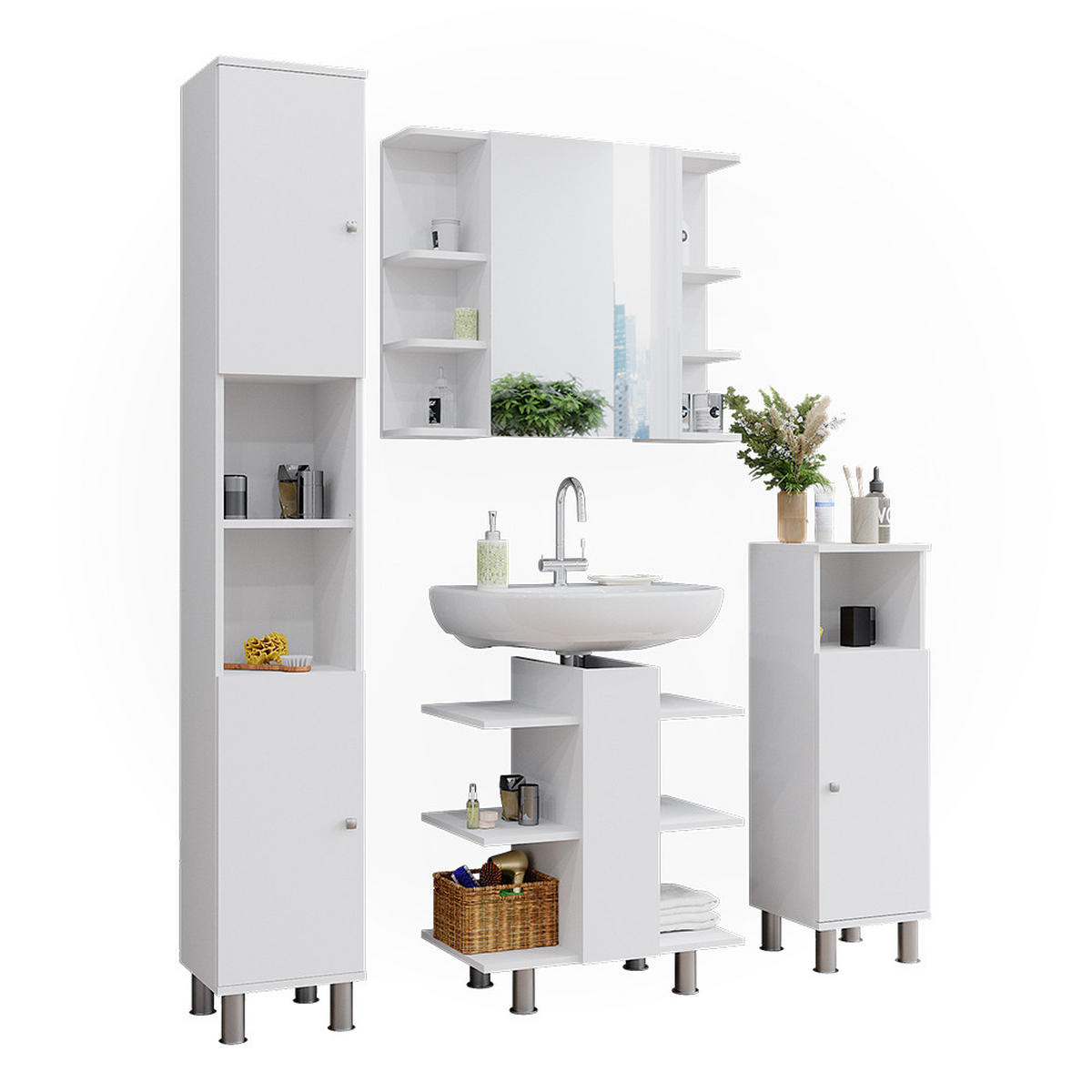 BADMÖBEL-SET Fynn Weiß 4 Teile - Weiß, Holzwerkstoff (79.6/190/36.6cm) - Vicco
