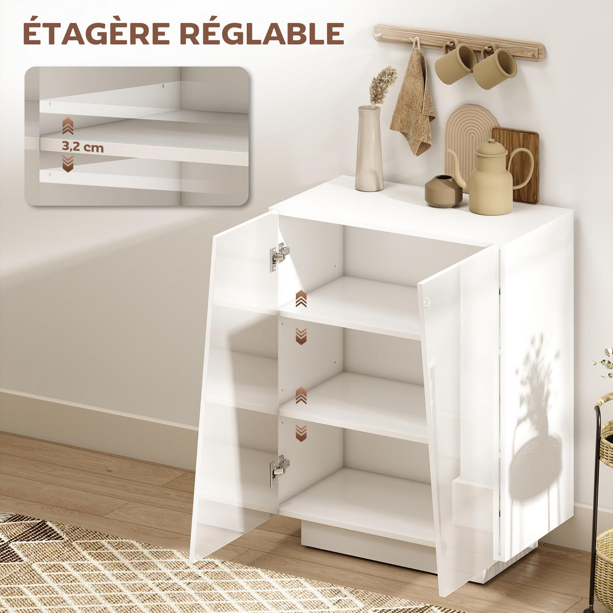 SIDEBOARD DE-11192 2 Türen mit verstellbarem Boden Weiß Hochglanz - Weiß, Holzwerkstoff (70/88/40cm) - ComfortXL