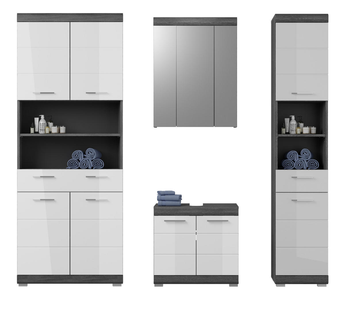 BADMÖBEL-SET weiß Hochglanz, grau 4-teilig 186 cm, Komplettset mit 23 Fächern - Weiß Hochglanz/Grau, Holzwerkstoff (186/191/34cm) - Inn.Furn