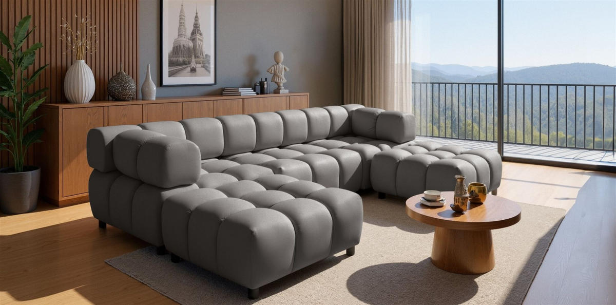 SOFA 3-sitzer Und 2-polsterhocker Flow - Dunkelgrau, Holzwerkstoff/Textil (288/71/96cm) - Fun Möbel