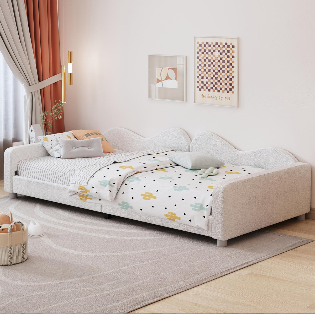 KINDERBETT 90/200 cm mit Rückenlehne und Armlehnen, Teddystoff-Polsterbett als Schlafsofa, Weiß - Weiß, Textil (90/200cm) - Redom