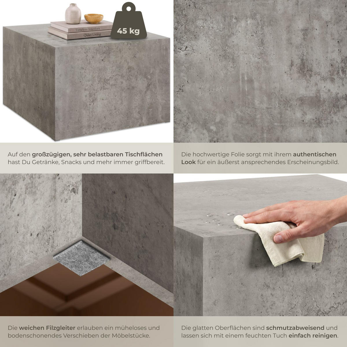 COUCHTISCH 2er Set Lacey, inkl. Filzschoner, Belastbarkeit 45 kg, Beton Optik - Grau, Holz (60/60/40cm) - tectake
