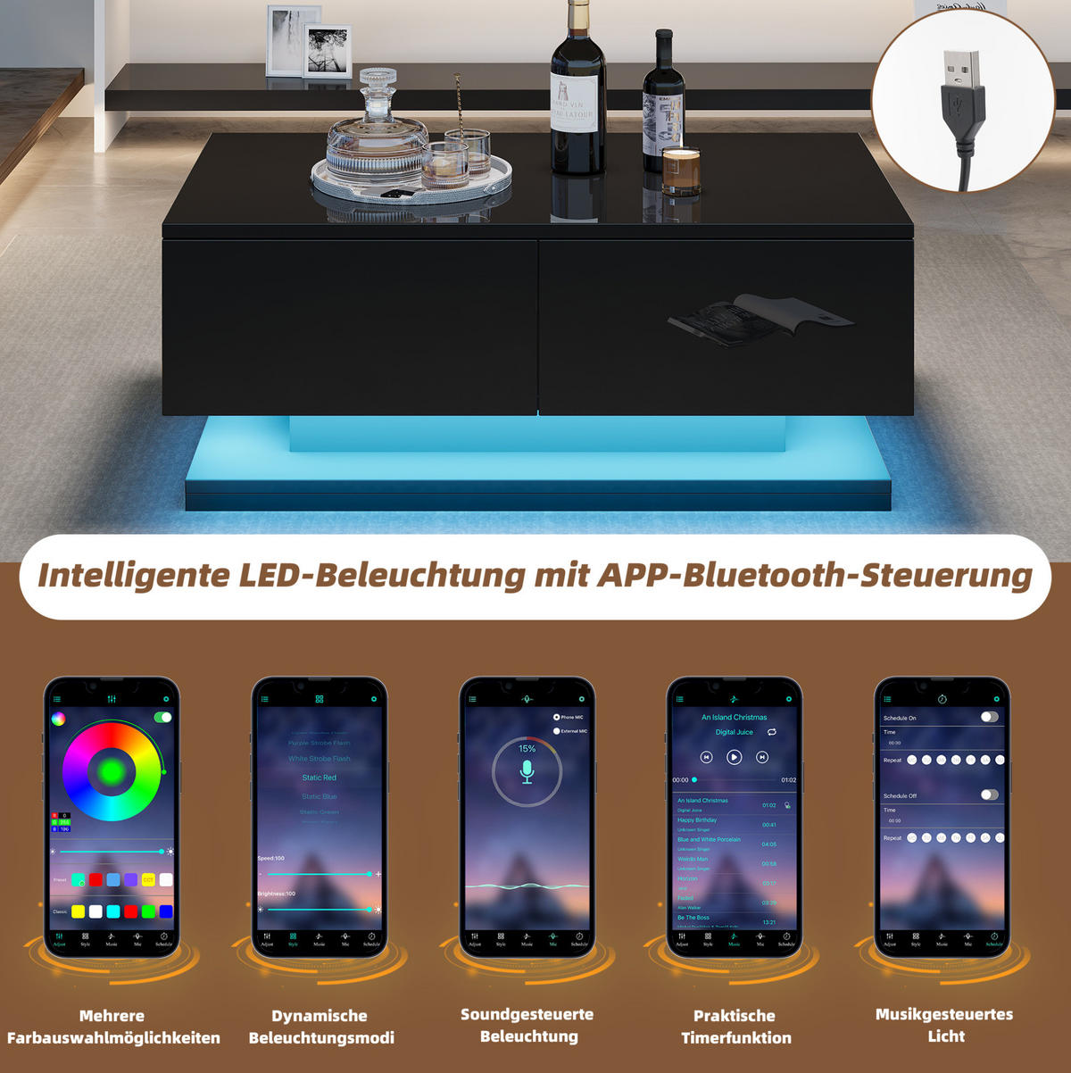 COUCHTISCH aus Spanplatte 90x50x38 cm in Schwarz mit 2 Schubladen & LED - Schwarz, Holzwerkstoff (90/50/38cm) - Modfu