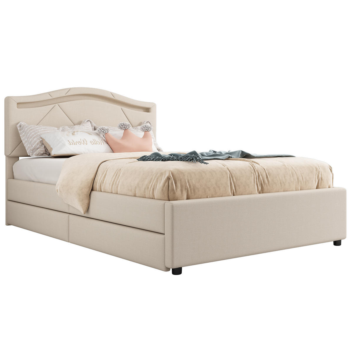 POLSTERBETT 90/200 cm in Beige Leinen mit 2 Schubladen und LED - Beige, Holzwerkstoff/Textil (90/200cm) - WISHDOR