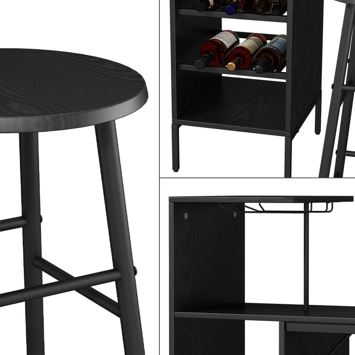 BARTISCH-SET Naila Schwarz 121.5 x 40 cm mit 2 Hocker - Schwarz, Holzwerkstoff (121.5/120/40cm) - Vicco