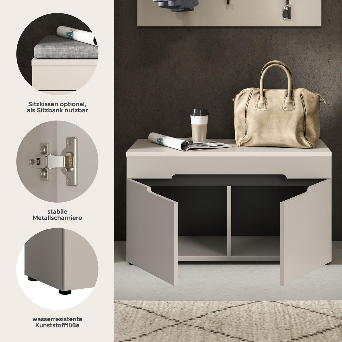 SITZBANK Nova Garderobe in Basalt grau Nachbildung und Artisan Nachbildung B/H/T: 80x45x37 cm - Kaschmir, Holzwerkstoff (80/45/37cm) - Homes & Jones