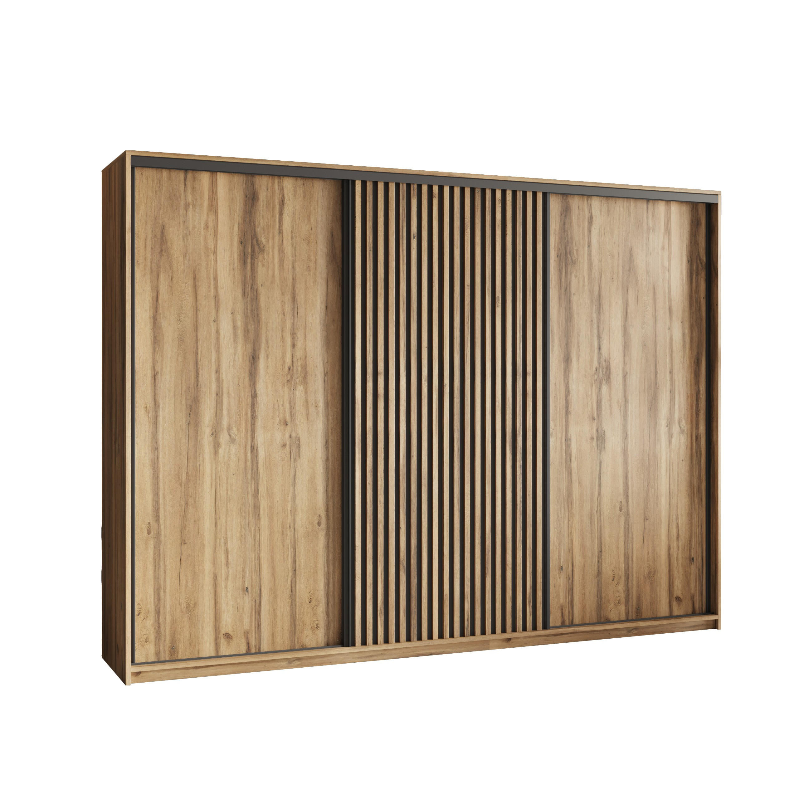 SCHWEBETÜRENSCHRANK VONTE 250/205/60 cm 3-türig mit Lamellen Eiche Wotan - Eiche Wotan/Schwarz, Holzwerkstoff (250/205/60cm) - MASSENO
