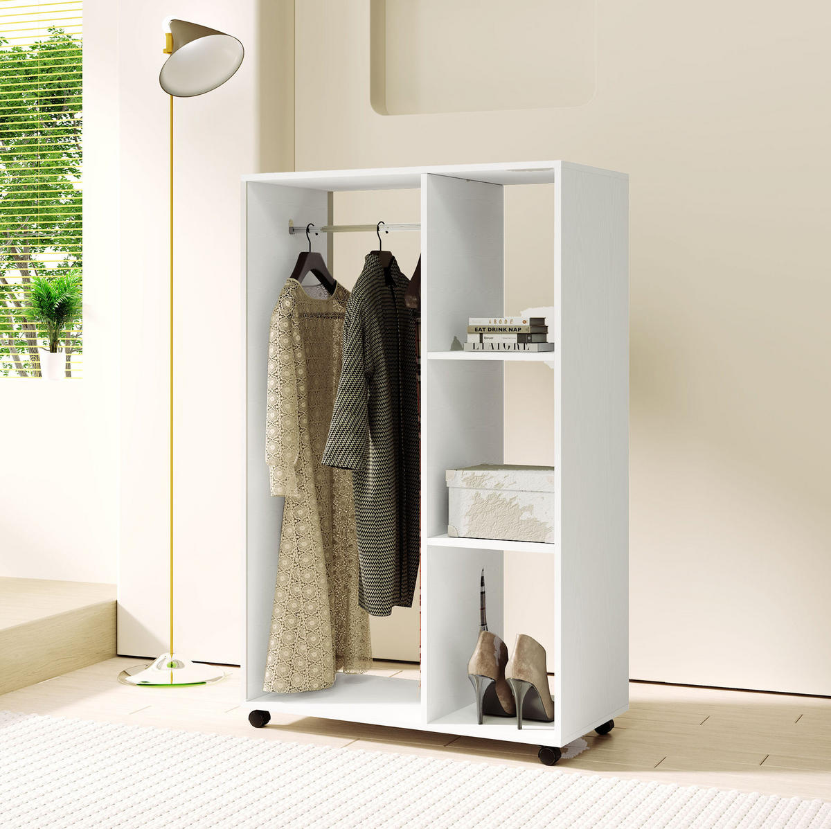 KLEIDERSCHRANK aus Holzwerkstoff 80x40x128 cm Weiß mit Rollen, 3 Regalen und Kleiderstange - Weiß, Holzwerkstoff (80/128/40cm) - Modfu