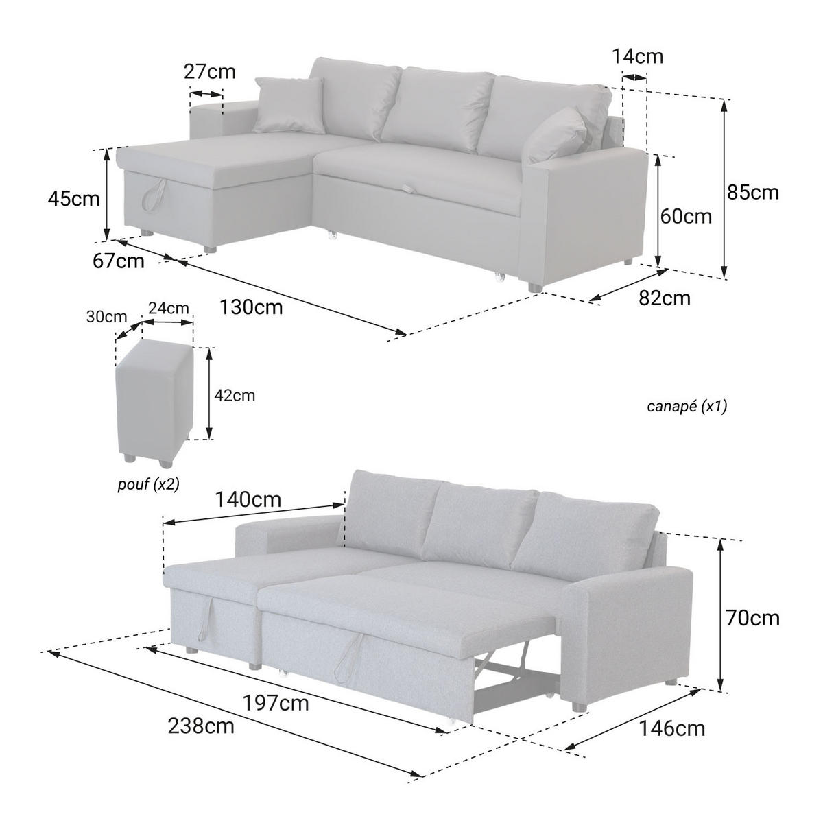 ECKSOFA Tony Grau Meliert 3 Plätze - Grau, Textil (146/238cm) - Happy Garden