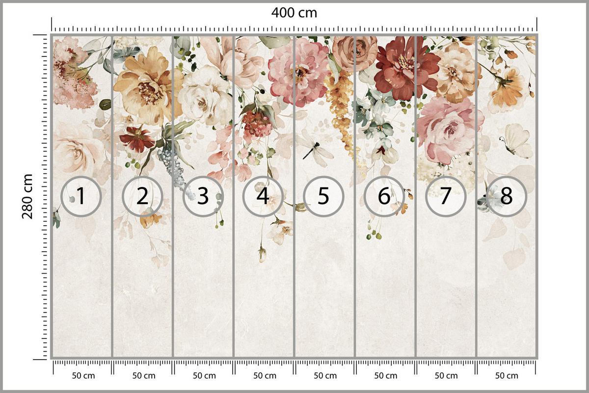 FOTOTAPETE für Esszimmer Aquarellblumen Blätter Pflanzen Pfingstrosen Rosen 400x280 - Multicolor, Papier (400/280cm) - Muralo