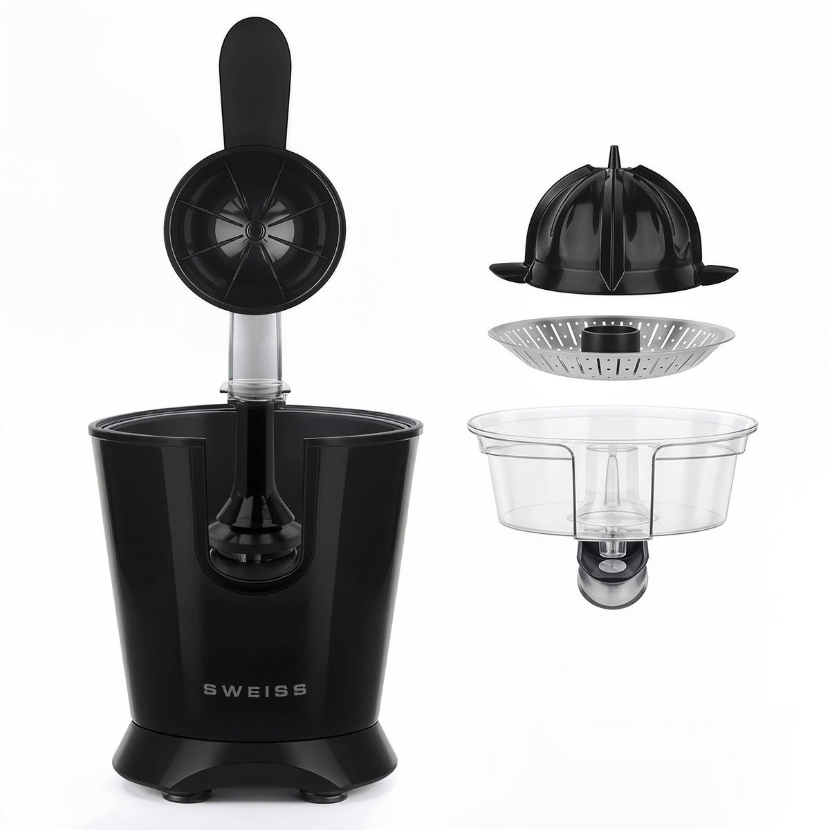 ZITRUSPRESSE ZEST9 Schwarz, tropffreier Ausgießer, leistungsstarker Gelenkarm, 160 W - Schwarz, Metall (18.5/29/25cm) - SWEISS