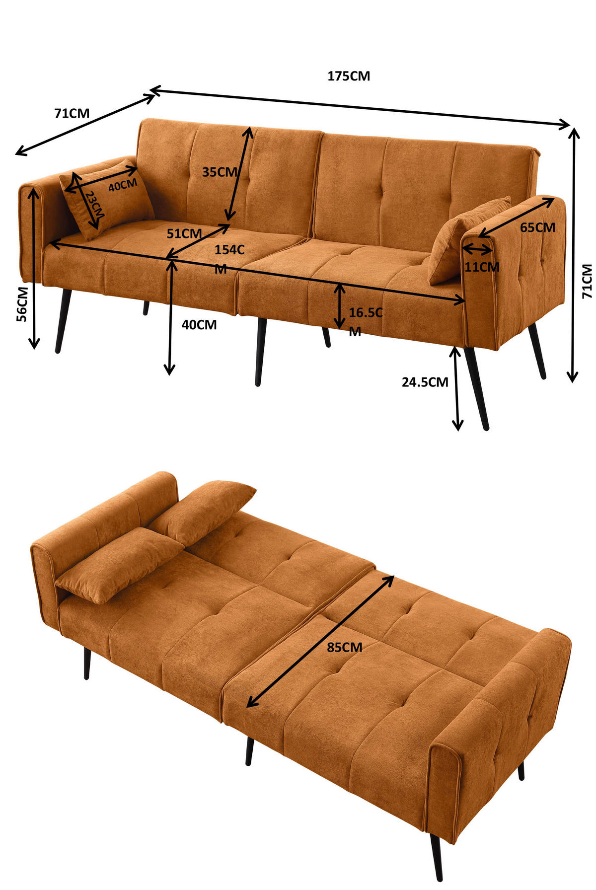 SCHLAFSOFA 175/71/71 cm Orange Cord - Orange, Textil (175/71/71cm) - Oxeza