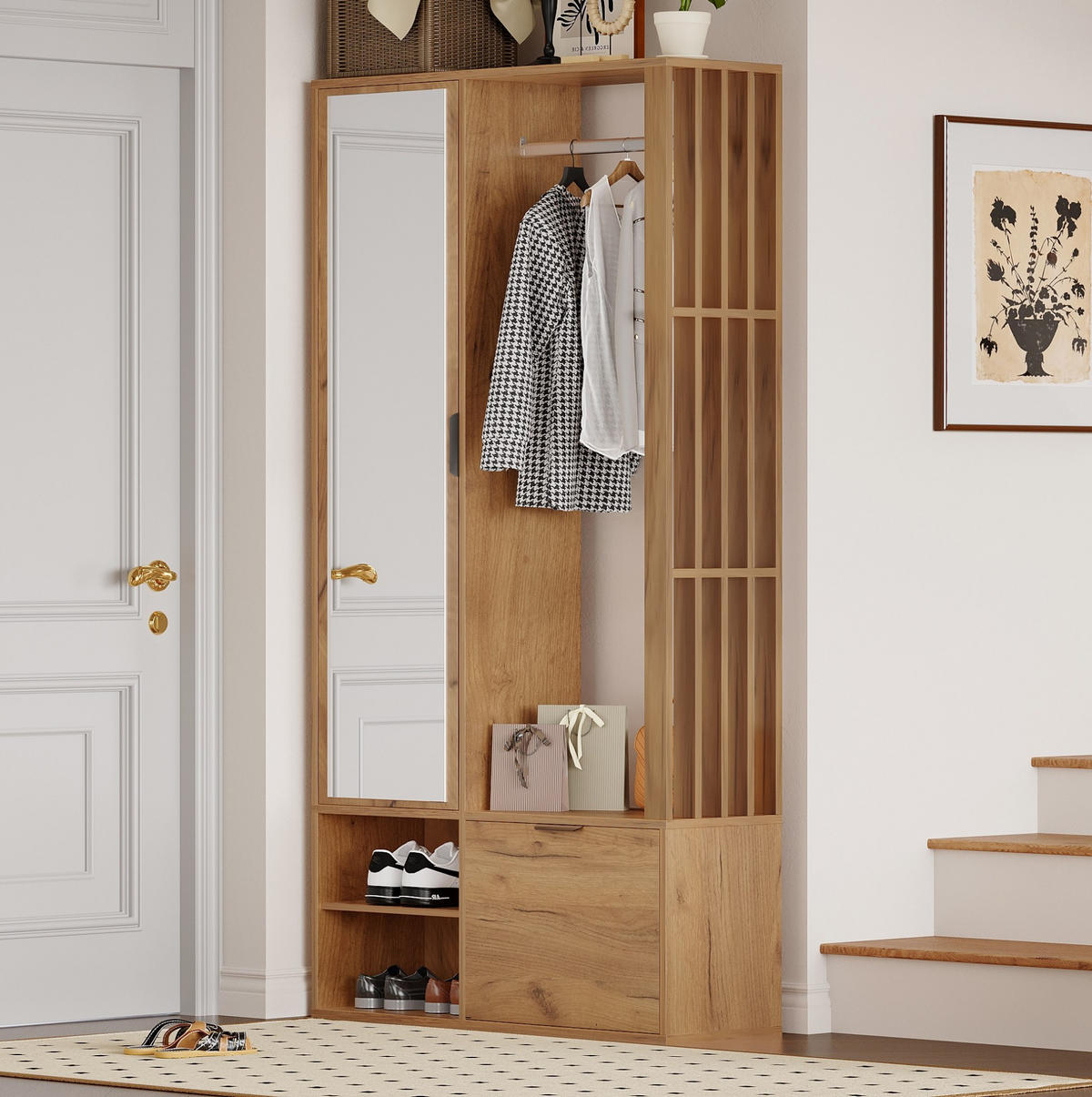 GARDEROBENSCHRANK mit Spiegel 100 x 33 x 190 cm Holzoptik mit 9 Ablagefächern - Braun, Holzwerkstoff (33/190/100cm) - Beauniv