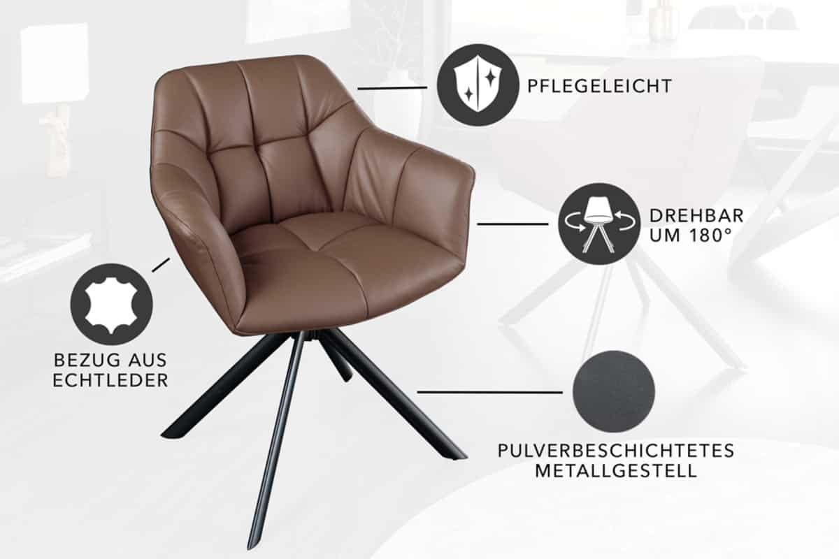 STUHL PAPILLON Echtleder Braun 85 cm - Schwarz, Leder/Metall (65/83/66cm) - riess-ambiente