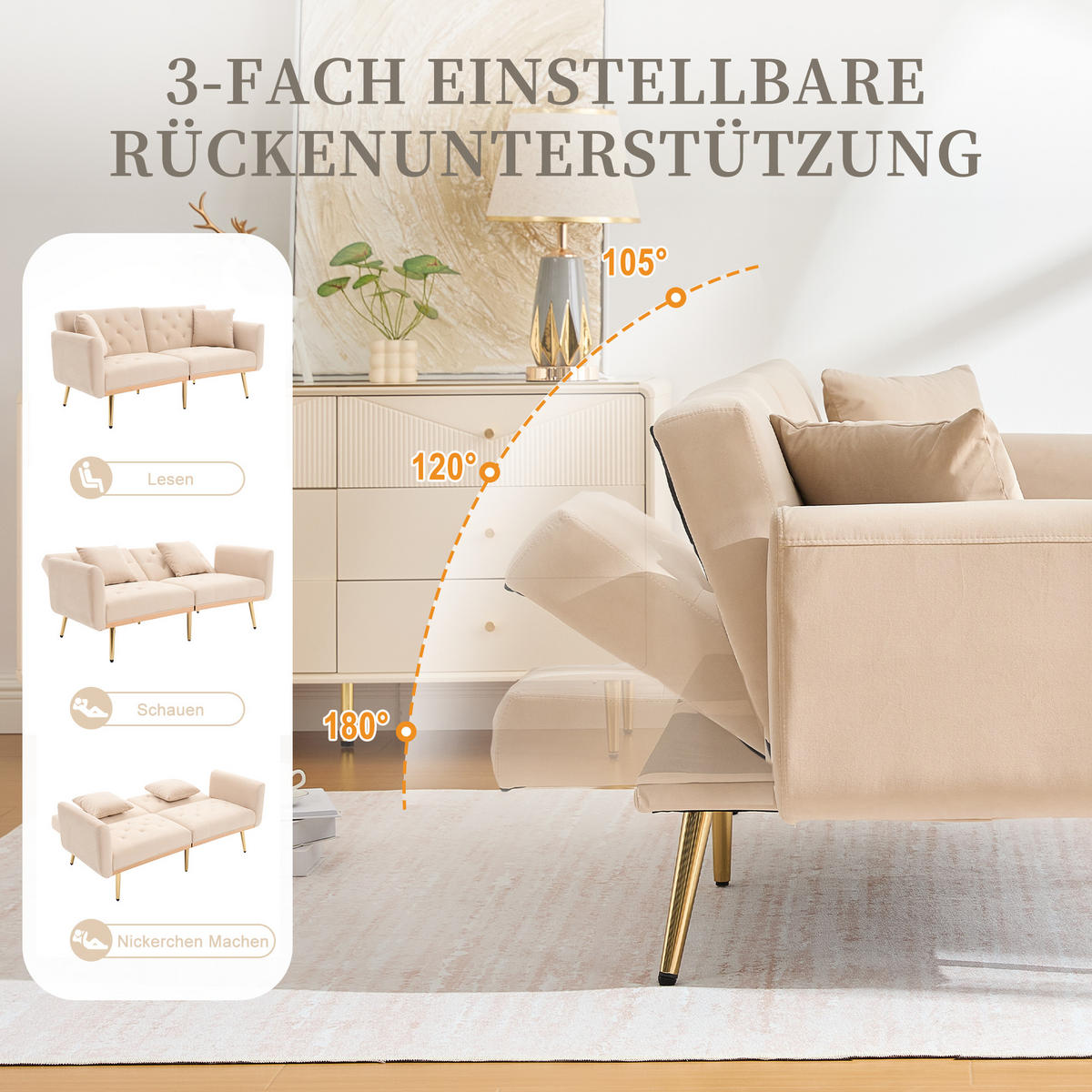 SCHLAFSOFA Samt mit verstellbarer Rückenlehne Beige 165/72,5/75 cm - Beige, Textil (72.5/75/165cm)