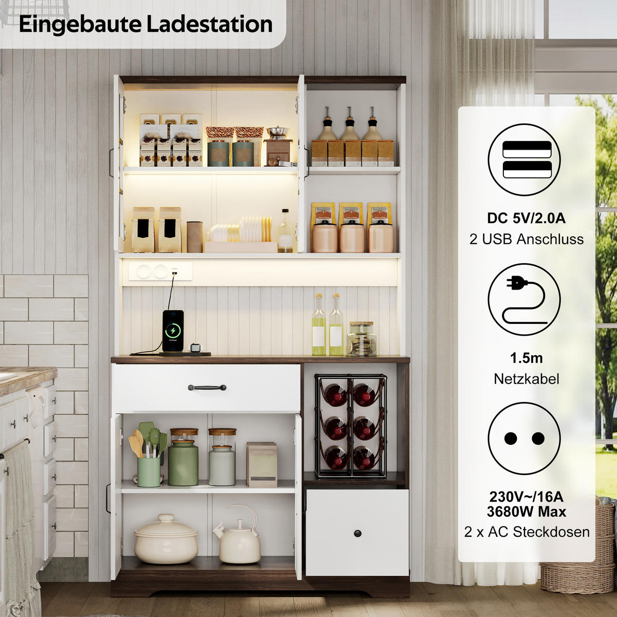 BUFFET 105/40/185 cm Weiß mit verstellbaren Einlegeböden, 2 Schubladen und farbwechselnder LED-Beleuchtung - Weiß, Holz (105/185/40cm) - Oxeza