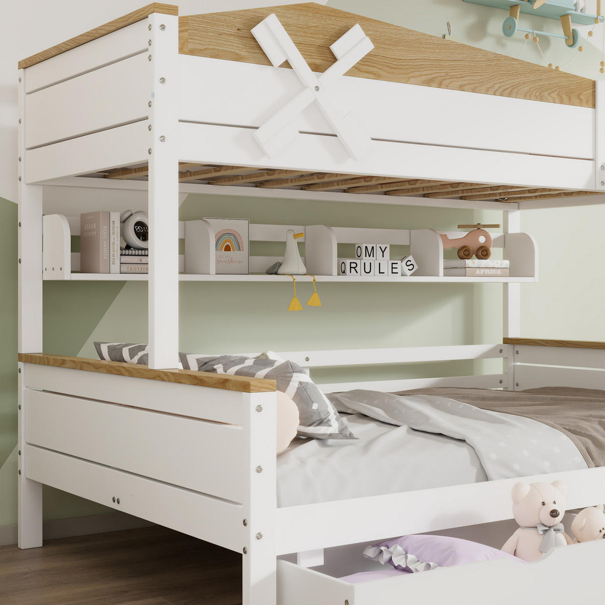 ETAGENBETT aus Kiefer und MDF 90x200/140x200 cm Weiß/Natur mit Regalen, Schubladen und Windmühlen-Design - Weiß, Holzwerkstoff (90/200cm) - Modfu