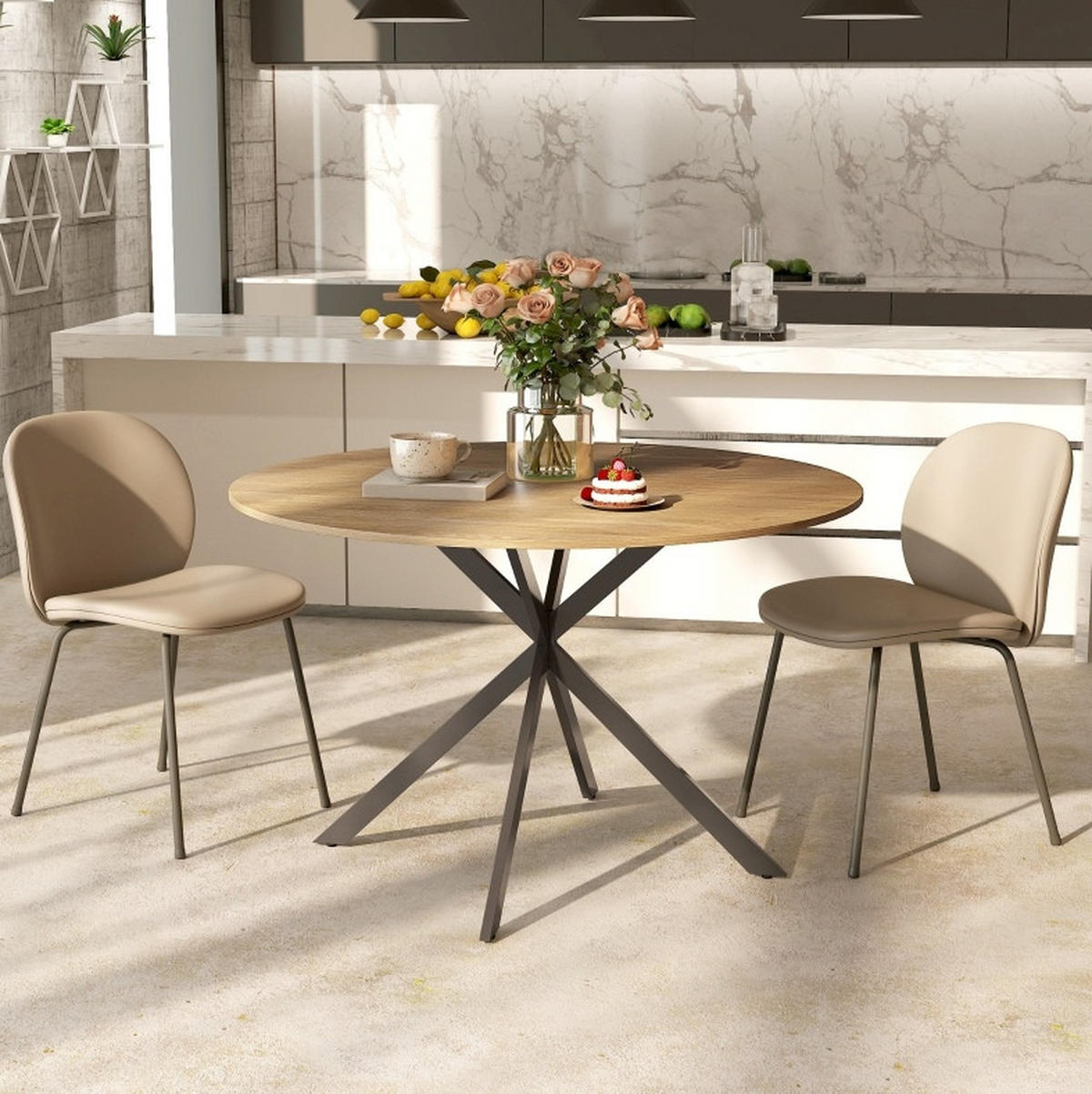 ESSTISCH Ø120 cm aus Holz mit X-förmigen Stahlbeinen im Industriestil, Eichefarben - Eichefarben, Holz (120/120/75cm) - Redom