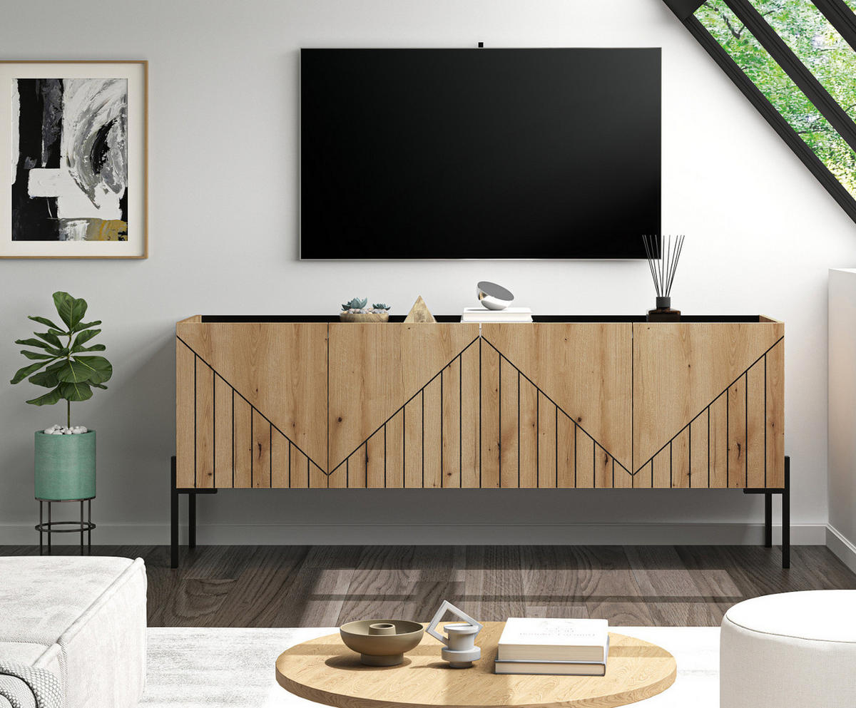 TV-LOWBOARD Evoke Eiche, TV Unterteil 153 cm, mit Soft-Close und Komforthöhe 62 cm - Eichefarben/Schwarz, Holzwerkstoff/Metall (153/62/40cm) - Inn.Furn